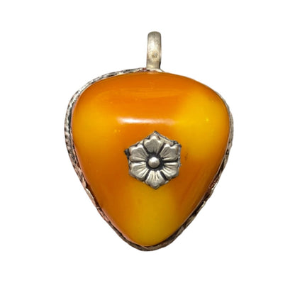 Vintage Nepalese Boho Tribal Amber Like Stone Silver Tone Pendant