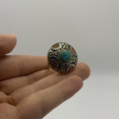 Unique Handmade Tribal Nepalese Multi Stone Silver Tone Ring