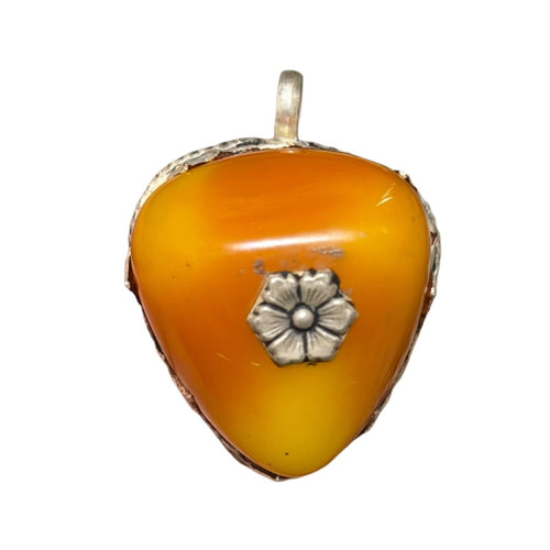 Vintage Nepalese Boho Tribal Amber Like Stone Silver Tone Pendant
