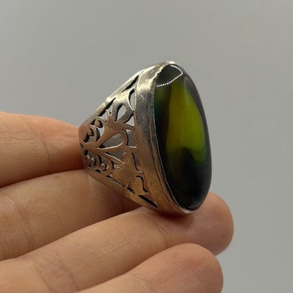 Vintage Solid Silver Green Agate Chalcedony Cutout Filigree Statement Ring