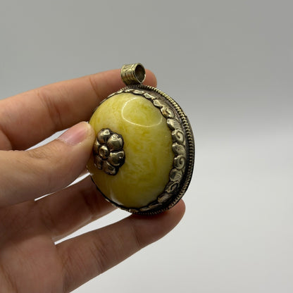 Vintage Nepalese Tribal Round Yellow Amber Resin Pendant Brass Flower Detail