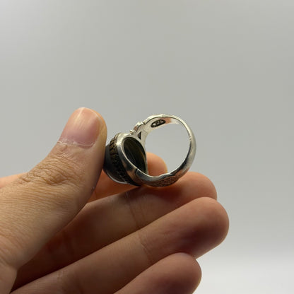 Vintage Silver Etruscan Style Banded Agate Ring Eye Stone Solitaire