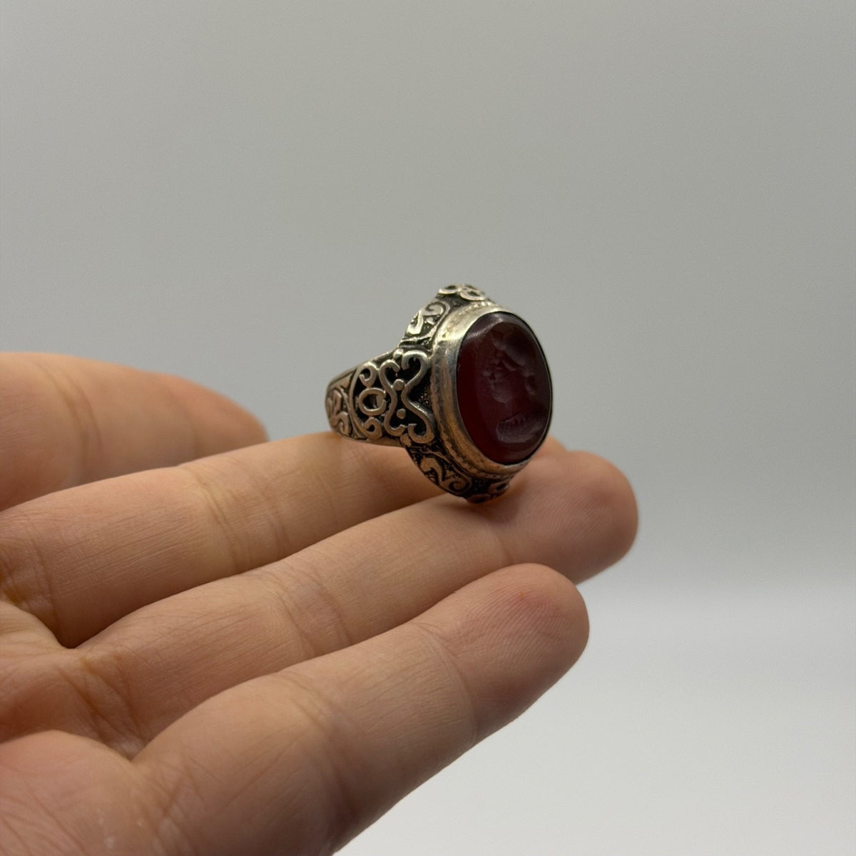 Vintage Silver Roman Carnelian Intaglio Ring Antique Style Carved Gemstone