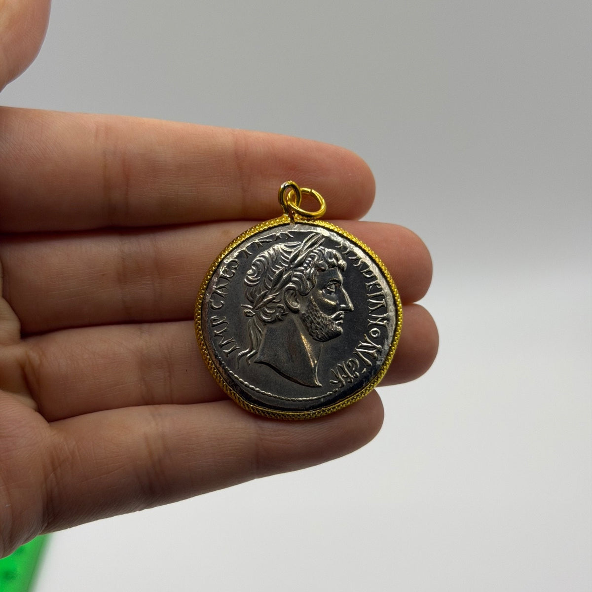Ancient Roman Coin Style Pendant Emperor Profile Gold Tone Bezel Charm