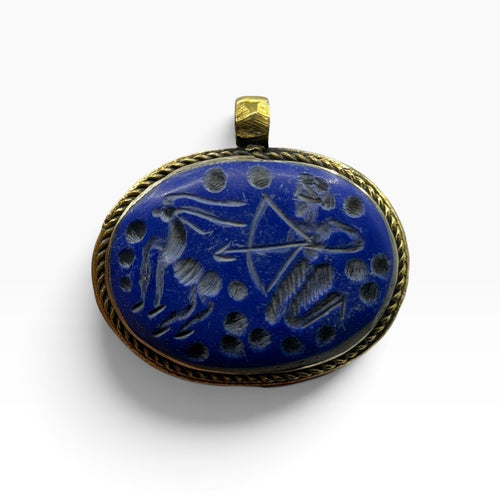 Vintage Lapis Blue Stone Intaglio Pendant –Hand Carved Archer Sagittarius Figure