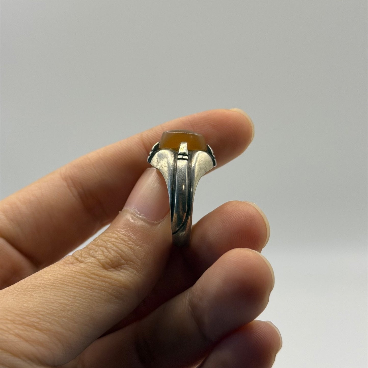 Vintage Silver Ring Oval Yellow Stone Solitaire Band Antique Style