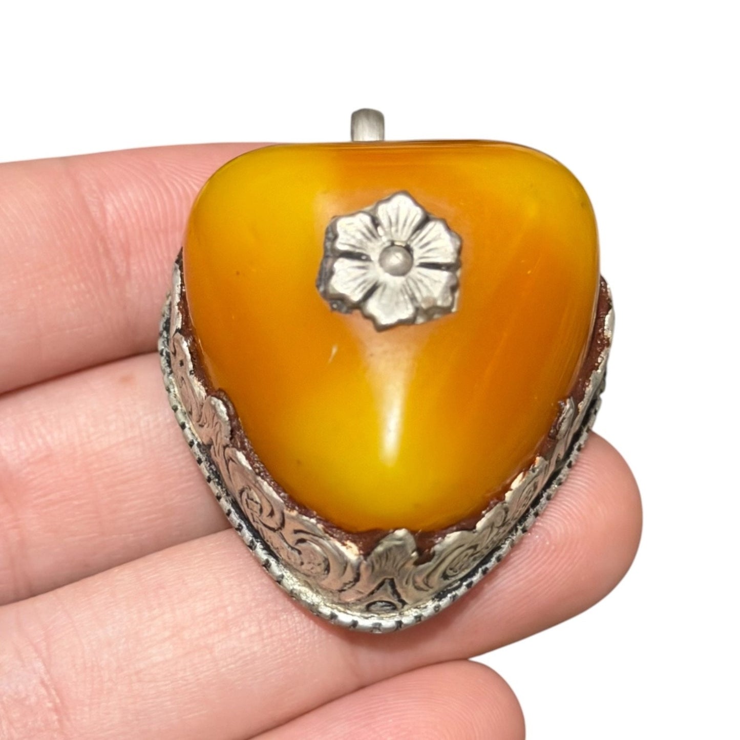 Vintage Nepalese Boho Tribal Amber Like Stone Silver Tone Pendant