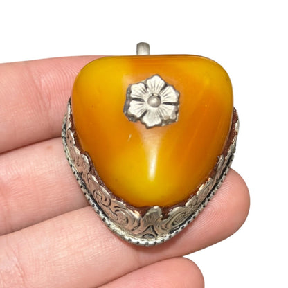 Vintage Nepalese Boho Tribal Amber Like Stone Silver Tone Pendant