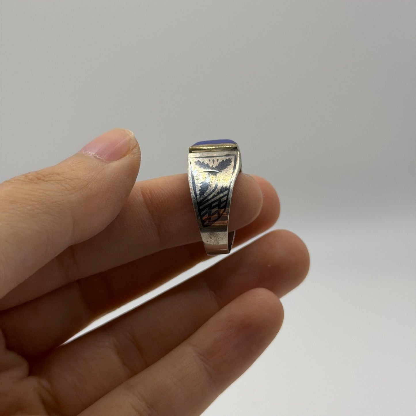 Vintage Two-Tone Ring with Hand-Etched Butterfly & Blue Lapis Stone