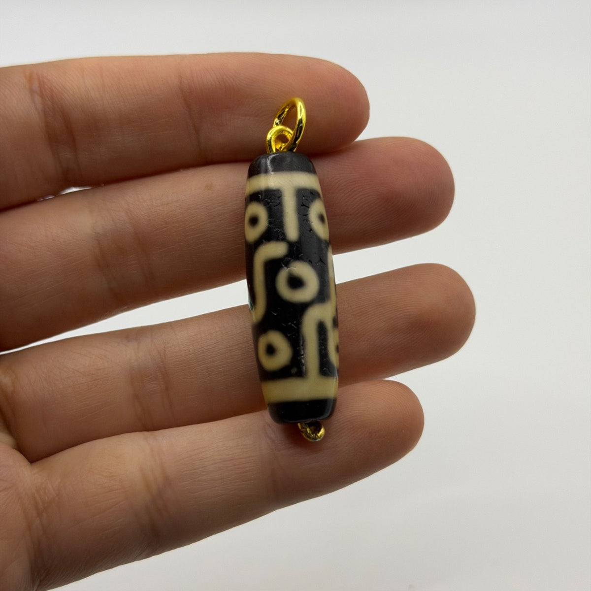 Vintage Tibetan Dzi Eye Agate Bead Tube Pendant Gold Tone Charm