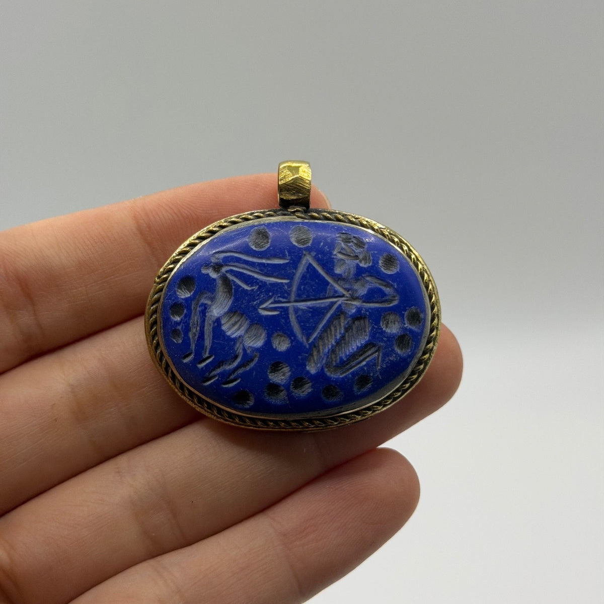Vintage Lapis Blue Stone Intaglio Pendant –Hand Carved Archer Sagittarius Figure