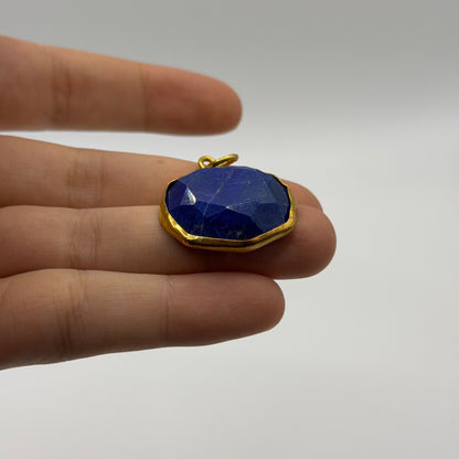 Natural Afghan Lapis Lazuli Faceted Round Pendant Gold Tone Gemstone Charm