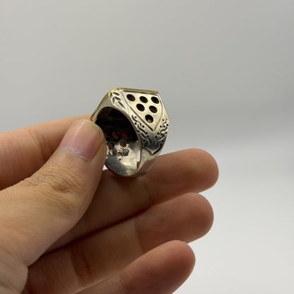 Silver Etched Ring with Square Turquoise Matrix Stone, Pierced Sides