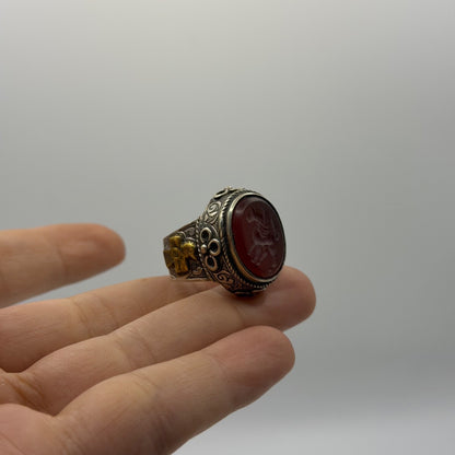 Silver Filigree Intaglio Ring - Carved Carnelian Horse Motif