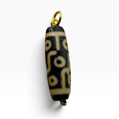 Vintage Tibetan Dzi Eye Agate Bead Tube Pendant Gold Tone Charm