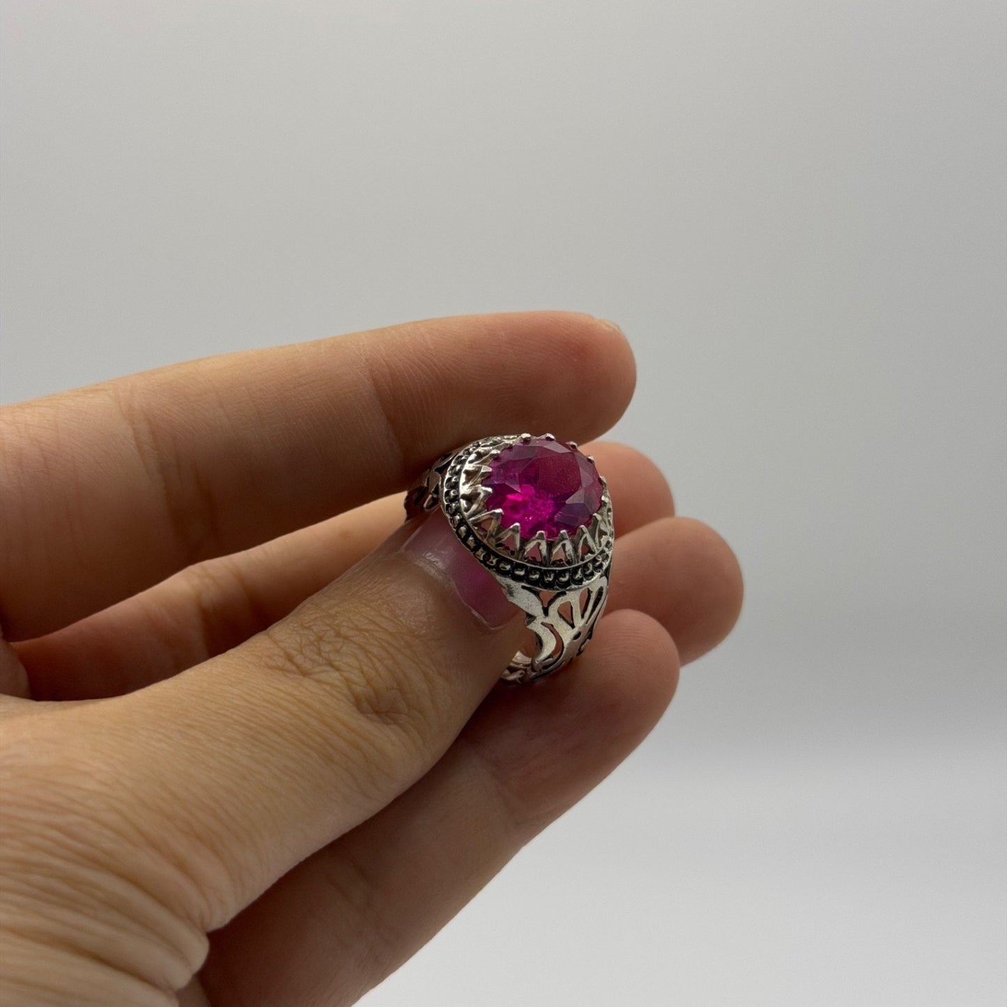 Silver Ornate Crown Setting Ring with Pink Gem Stone