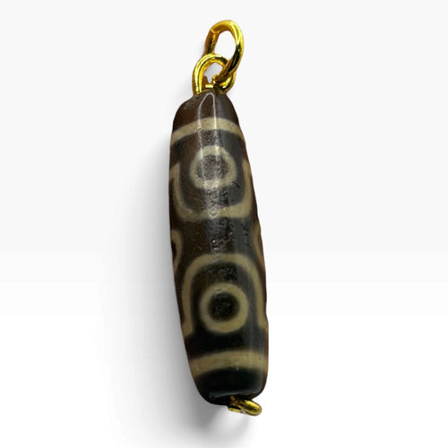 Vintage Tibetan Dzi Eye Agate Bead Tube Pendant Gold Tone Charm