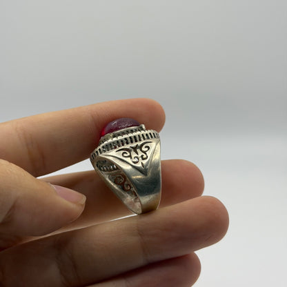 Vintage Silver Ring Red Glass Stone Cutout Design Ornate