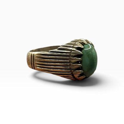 Silver Green Turquoise Cabochon Fluted Ribbed Heavy Signet Ring Band