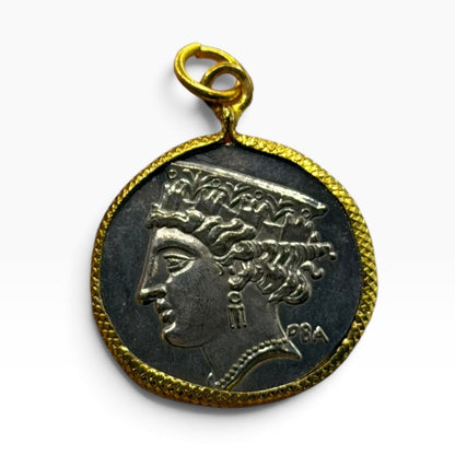 Ancient Roman Greek Style Silver & Gold Tone Coin Pendant