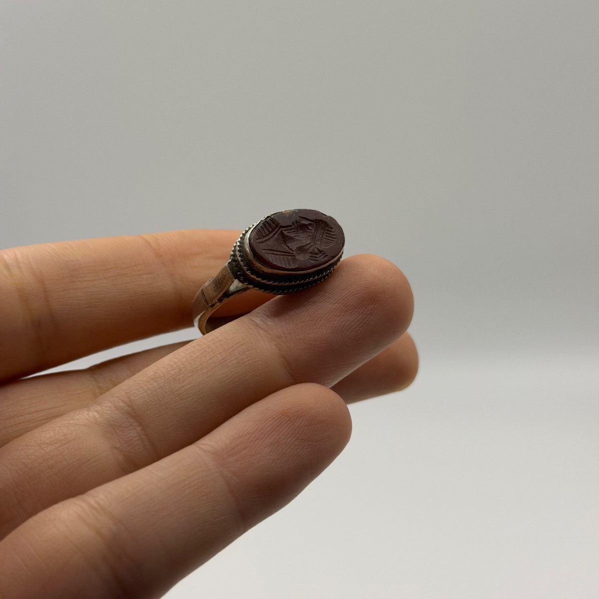 Vintage Silver Intaglio Seal Ring Rope Border Bezel Carved Stone Signet