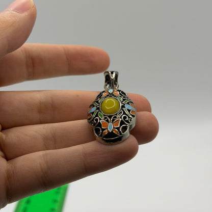 Vintage Silver Tone Enamel Butterfly Oval Pendant Yellow Cabochon
