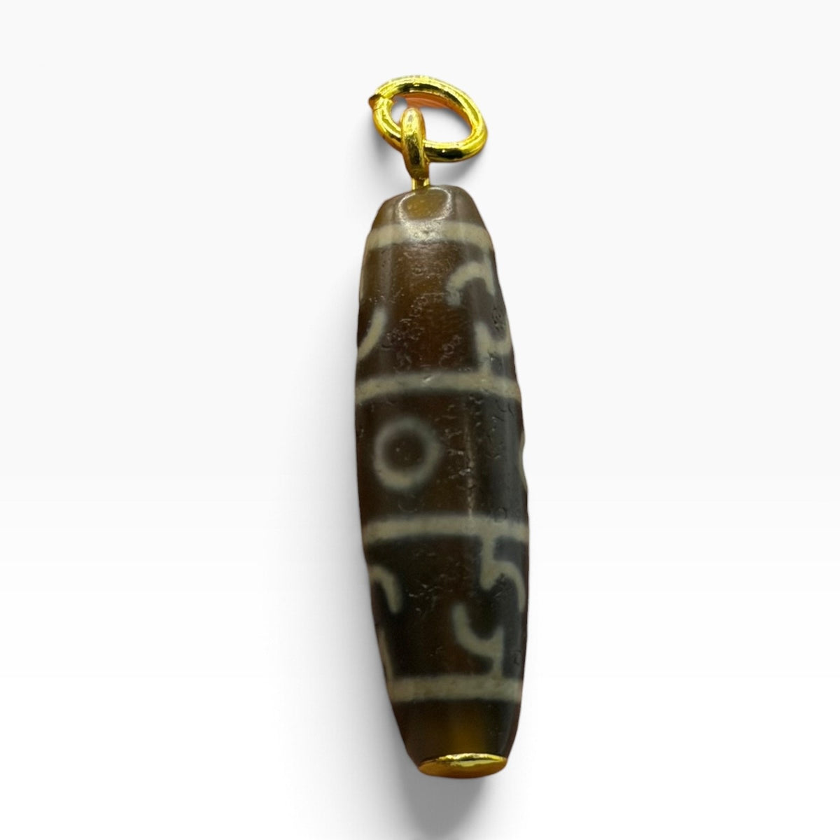 Vintage Tibetan Dzi Eye Agate Bead Tube Pendant Gold Tone Charm