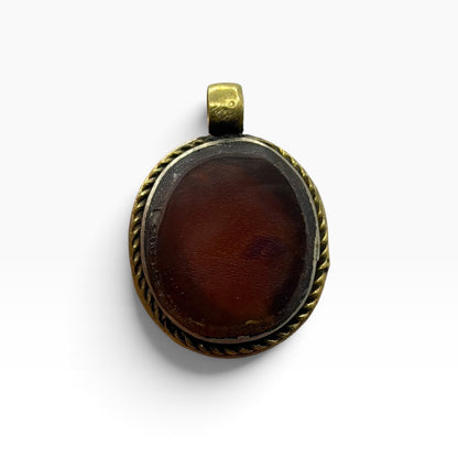 Vintage Brass Framed Oval Carnelian Agate Gemstone Pendant Charm