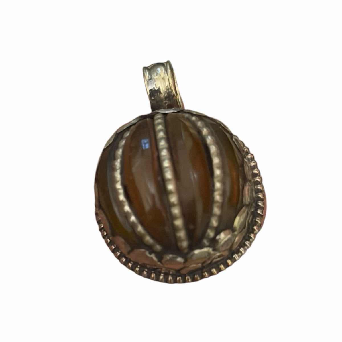 Vintage Nepalese Jade Stone Pumpkin Style Silver Tone Pendant