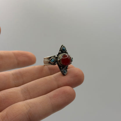 Silver Carnelian Turquoise Multi Stone Tribal Ethnic Marquise Statement Ring