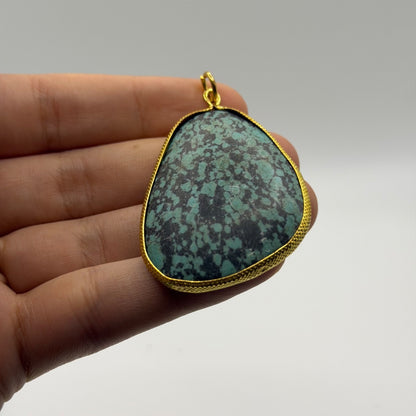 Natural Green Turquoise Jasper Matrix Gemstone Gold Tone Freeform Pendant