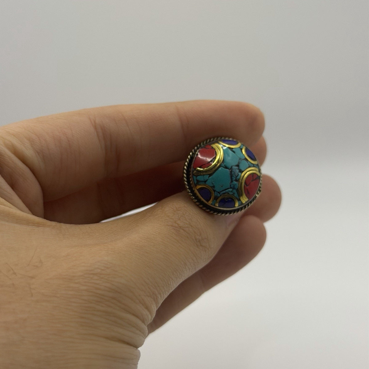 Handmade Tribal Nepalese Multi Stone Silver Tone Ring