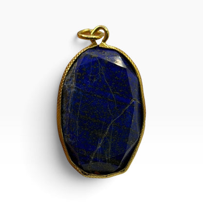Large Natural Afghan Lapis Lazuli Oval Pendant Faceted Gemstone Gold Frame