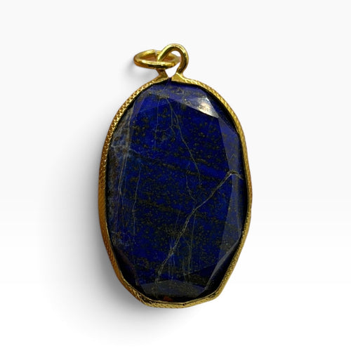 Large Natural Afghan Lapis Lazuli Oval Pendant Faceted Gemstone Gold Frame