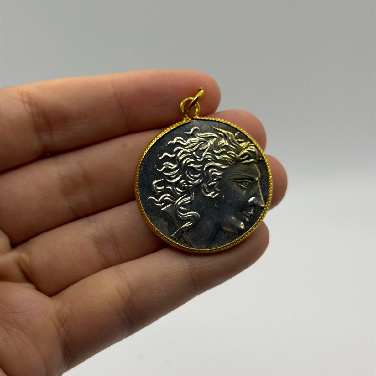 Ancient Roman Greek Style Silver & Gold Tone Coin Pendant