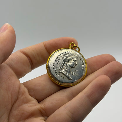 Ancient Roman Coin Style Pendant Laureate Bust Gold Tone Frame Charm