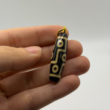Vintage Tibetan Dzi Eye Agate Bead Tube Pendant Gold Tone Charm