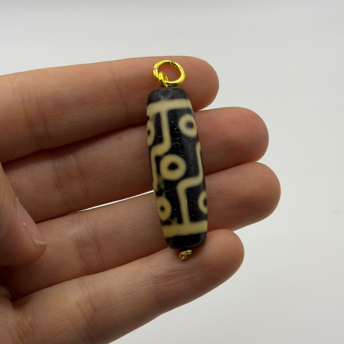 Vintage Tibetan Dzi Eye Agate Bead Tube Pendant Gold Tone Charm