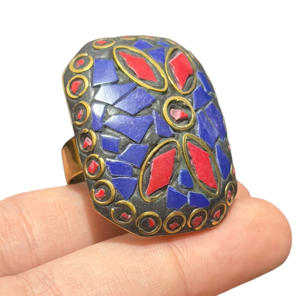 Handmade Tribal Nepalese Multi Stone Brass Ring