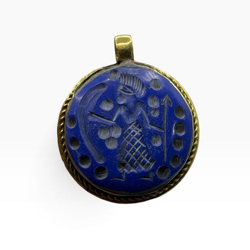 Vintage Lapis Blue Glass Intaglio Pendant –Hand Carved Warrior Figure Rope Brass