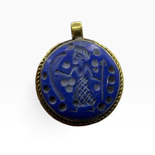Vintage Lapis Blue Glass Intaglio Pendant –Hand Carved Warrior Figure Rope Brass