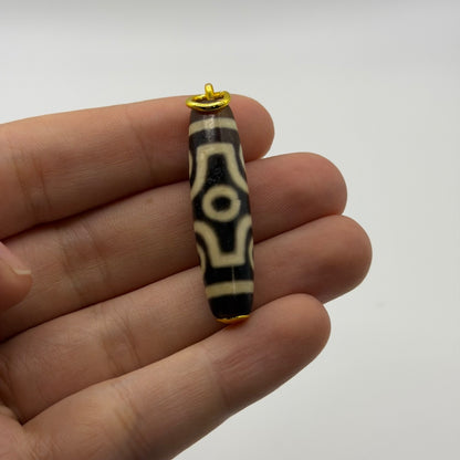 Vintage Tibetan Dzi Eye Agate Bead Tube Pendant Gold Tone Charm