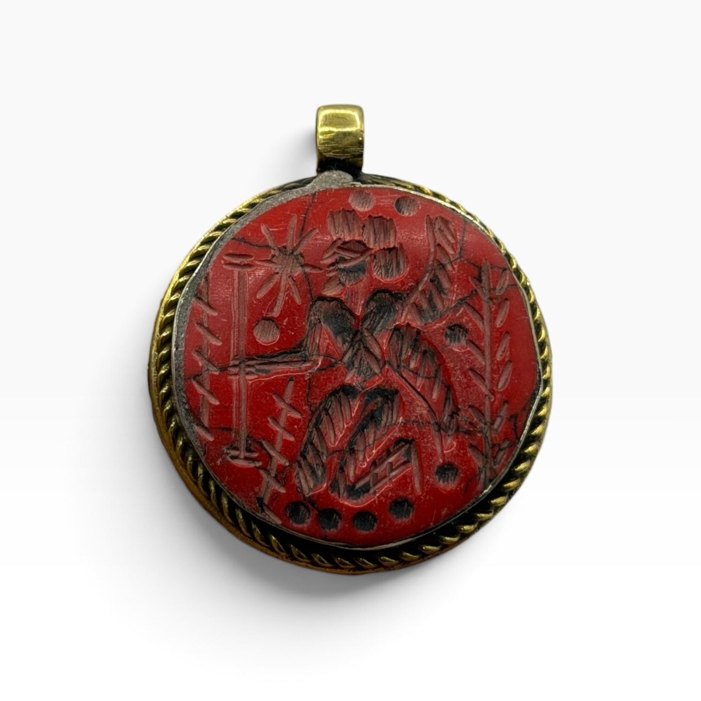 Antique Style Carved Red Stone Intaglio Medallion Pendant Brass Frame