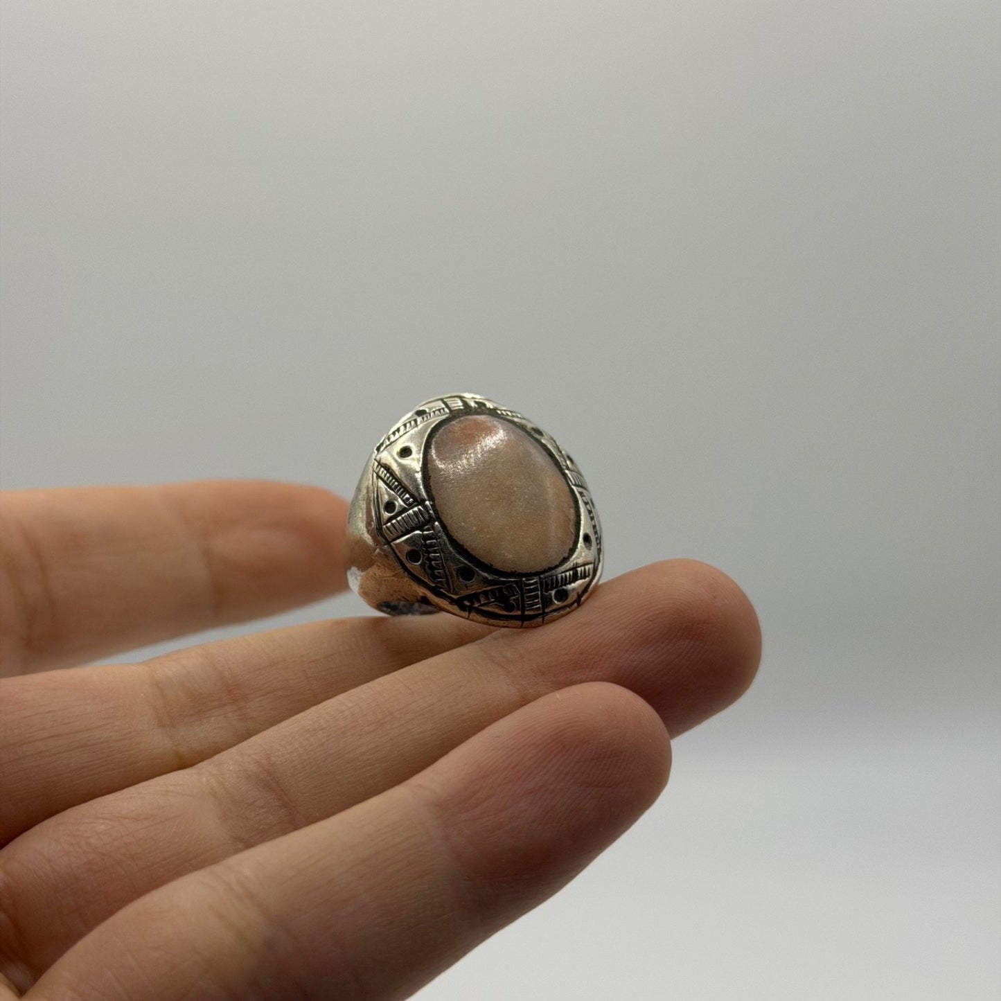 Vintage Silver Oval Stone Cabochon Ring Engraved Tribal Geometry Design