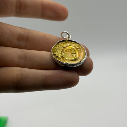 Ancient Roman Greek Style Gold Tone Coin Pendant
