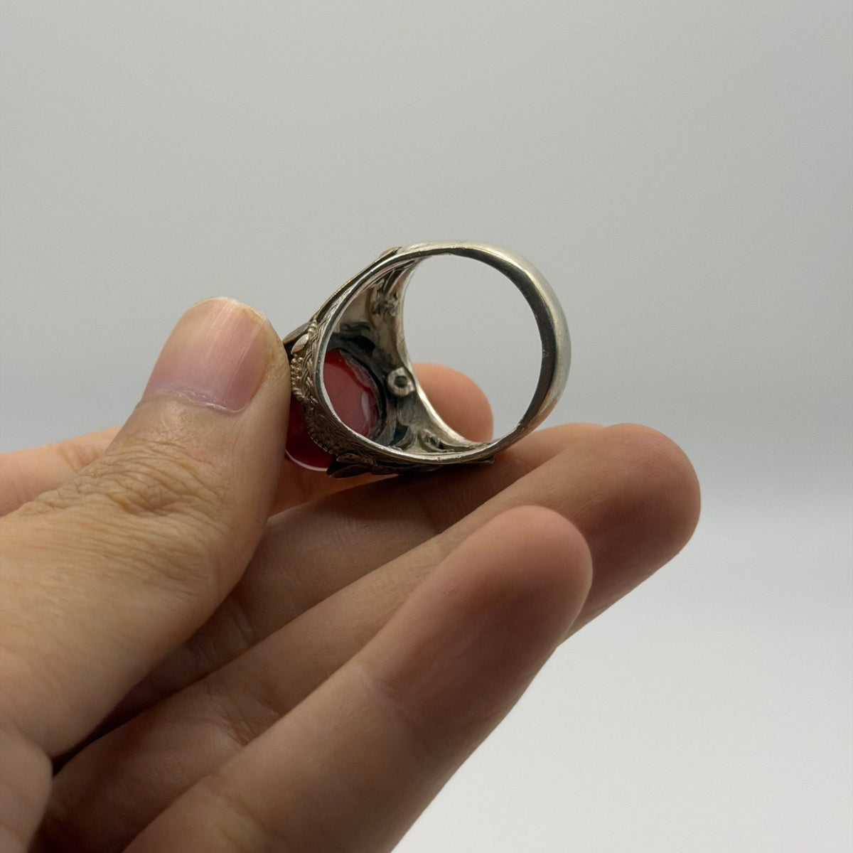 Vintage Silver Filigree Statement Ring with Red Carnelian Cabochon