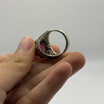 Vintage Silver Filigree Statement Ring with Red Carnelian Cabochon