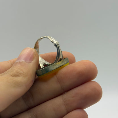 Vintage Silver Solitaire Ring with Large Oval Yellow Chalcedony Cabochon