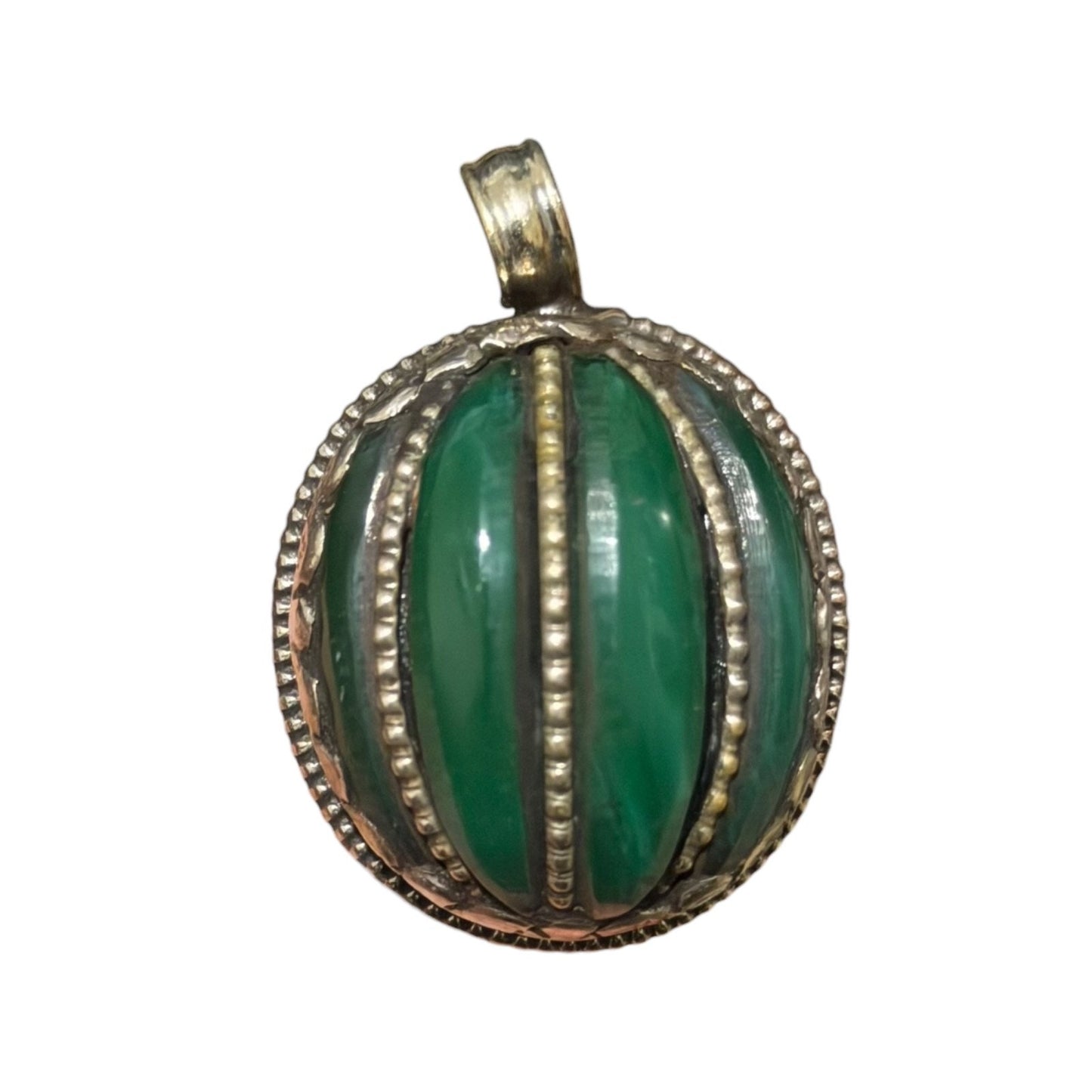 Vintage Green Stone Pendant Silver Tone Handmade Ethnic Jewelry