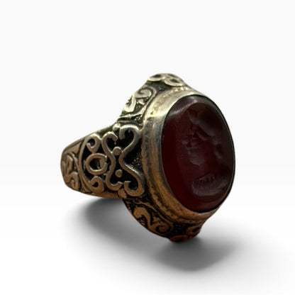 Vintage Silver Roman Carnelian Intaglio Ring Antique Style Carved Gemstone
